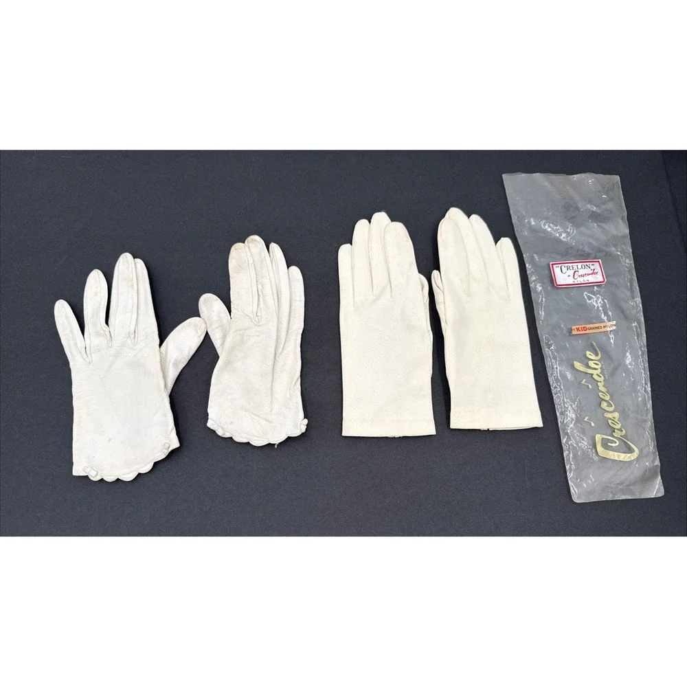 Lot Of 2 Vintage Ladies Evevning Gloves Leather And‎ Crelon Nylon Wrist XS-small